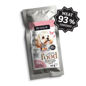 Ente mit Ziegenmilch und Eigelb – Gefriergetrocknetes Alleinfuttermittel für Welpen kleiner Rassen – 10-g-Probe