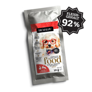 Ente mit Kaninchen, gefriergetrocknetes Alleinfutter für ausgewachsene Hunde - 10g Probe