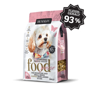 Ente mit Ziegenmilch und Eigelb, gefriergetrocknet, vollständiges Futter für Welpen kleiner Rassen bis zum 12. Lebensmonat